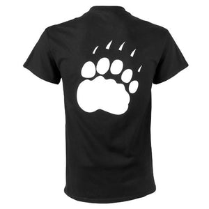 The back of a black short-sleeved T-shirt with a large white polar bear paw imprint.