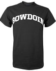 Black short-sleeved T-shirt with white BOWDOIN imprint in an arch on the chest.