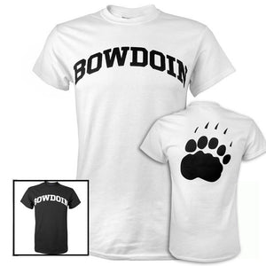 Picture of two different Bowdoin T-shirts, one black, one white. There is also a picture of the back of the white shirt, showing a large black paw print.