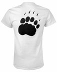 The back of a white short-sleeved T-shirt with a large black polar bear paw imprint.