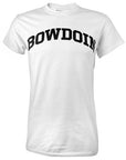 White short-sleeved T-shirt with black BOWDOIN imprint in an arch on the chest.