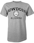 Short-sleeved Oxford gray T-shirt with BOWDOIN arched over a mascot medallion over ALUMNI. The text is black with a white stroke outline.
