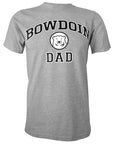 Short-sleeved Oxford gray T-shirt with BOWDOIN arched over a mascot medallion over DAD. The text is black with a white stroke outline.