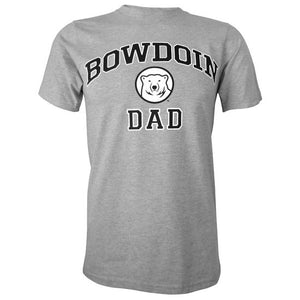 Short-sleeved Oxford gray T-shirt with BOWDOIN arched over a mascot medallion over DAD. The text is black with a white stroke outline.