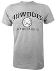 Short-sleeved Oxford gray T-shirt with BOWDOIN arched over a mascot medallion over GRANDPARENT. The text is black with a white stroke outline.