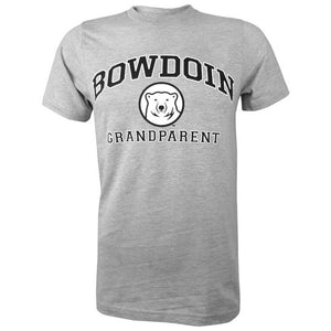 Short-sleeved Oxford gray T-shirt with BOWDOIN arched over a mascot medallion over GRANDPARENT. The text is black with a white stroke outline.