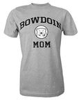 Short-sleeved Oxford gray T-shirt with BOWDOIN arched over a mascot medallion over MOM. The text is black with a white stroke outline.