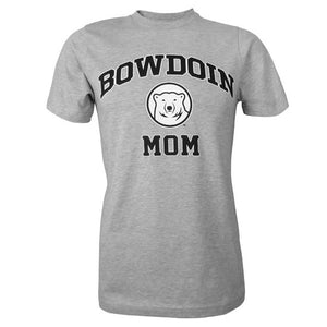 Short-sleeved Oxford gray T-shirt with BOWDOIN arched over a mascot medallion over MOM. The text is black with a white stroke outline.