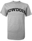 Short-sleeved Oxford gray T-shirt with black arched BOWDOIN imprint on chest.