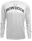 White long-sleeved tee with arched BOWDOIN on chest in black with gray outline. Gray UA logo over the BOWDOIN imprint.