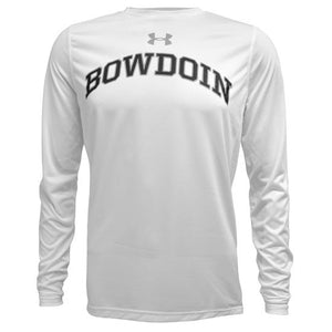 White long-sleeved tee with arched BOWDOIN on chest in black with gray outline. Gray UA logo over the BOWDOIN imprint.