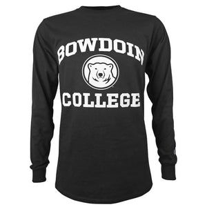 Black long-sleeved T-shirt with white imprint on chest of BOWDOIN arched over a polar bear mascot medallion over the word COLLEGE.