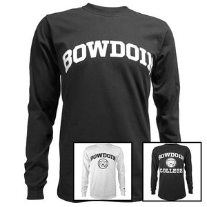 Photo of 3 different Bowdoin long-sleeved tees from Champion.