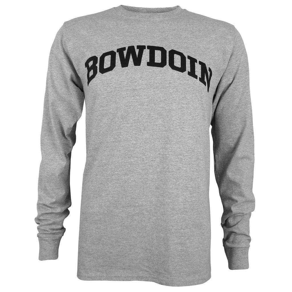 Heather grey long-sleeved T-shirt with black imprint on chest of BOWDOIN arched.