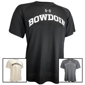 Montage of Under Armour short-sleeved workout T-shirts with BOWDOIN imprinted on the chest. 3 colors are shown: black, white, and gray.