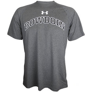 Carbon heather gray short-sleeved workout T-shirt with an arched BOWDOIN chest imprint in black with a white stroke outline. The Under Armour UA logo is imprinted just under the neckline over the WD in BOWDOIN in white.