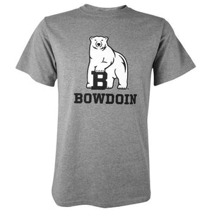 Heather gray short-sleeved T-shirt with polar bear mascot over BOWDOIN imprint on chest.