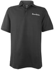 Black polo shirt with white embroidered Bowdoin wordmark on left chest.