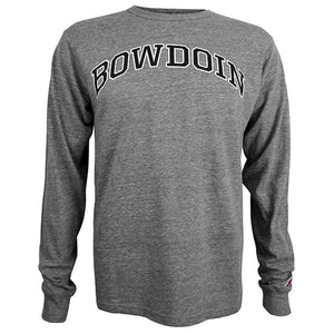 Dark heather grey long-sleeved tee with arched BOWDOIN imprint on chest in black with white stroke outline.