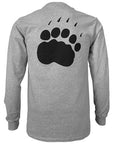 Back view of long-sleeved tee with a large black paw print imprint.