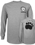 Front and back view of long-sleeved tee with mascot medallion on front and paw print on back