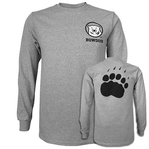 Front and back view of long-sleeved tee with mascot medallion on front and paw print on back
