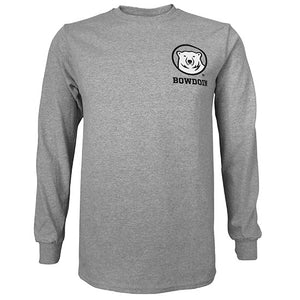 Front view of long-sleeved tee with left chest imprint of Bowdoin mascot medallion over BOWDOIN.