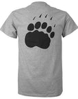 Back view of short sleeved grey T-shirt with large imprint of black Bowdoin polar bear paw print on back.