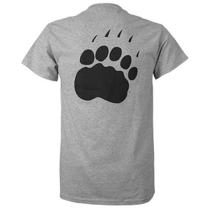 Back view of short sleeved grey T-shirt with large imprint of black Bowdoin polar bear paw print on back.