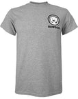 Front view of short sleeved heather grey T-shirt with small left chest imprint of Bowdoin mascot medallion over the word BOWDOIN in black.