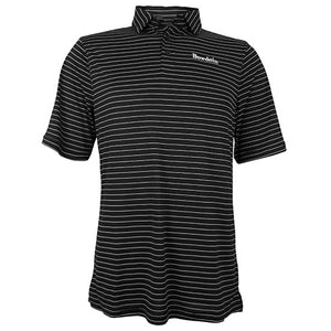 Black polo shirt with narrow white stripes and white BOWDOIN embroidered on left chest.