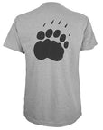 Back of T-shirt showing large black paw print on upper back.