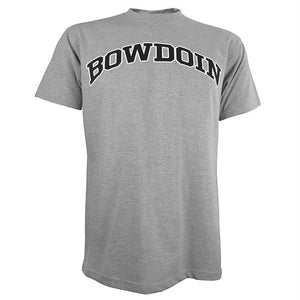 Oxford grey tee with black arched BOWDOIN imprint with white outline.