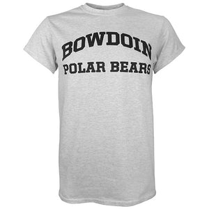 Light heather grey T-shirt with black chest imprint of BOWDOIN arched over POLAR BEARS.