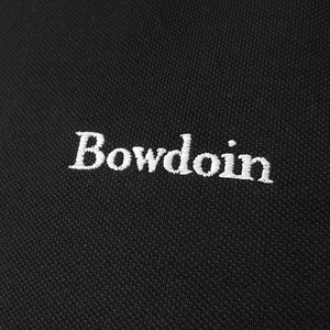 Detail showing embroidery quality of BOWDOIN on left chest.