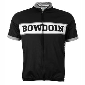 Black zippered cycling jersey with BOWDOIN on chest in black against white background with grey stripe.