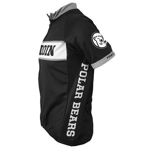 Side view of cycling jersey showing mascot medallion on shoulders and POLAR BEARS imprint on side.