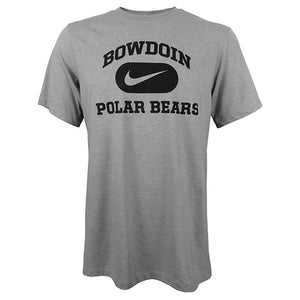Heather gray T-shirt with black imprint of BOWDOIN arched over a Nike Swoosh in a black cartouche over POLAR BEARS