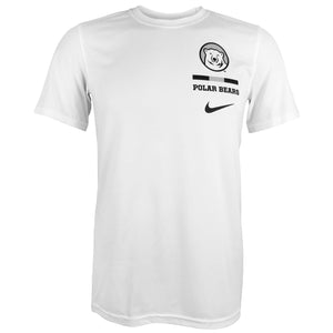 White T-shirt with mascot medallion over black and grey bar over black POLAR BEARS over black Nike Swoosh on left chest.