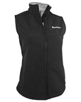 Women's black vest with pale grey lining and white Bowdoin embroidery on left chest.