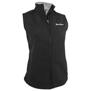 Women's black vest with pale grey lining and white Bowdoin embroidery on left chest.