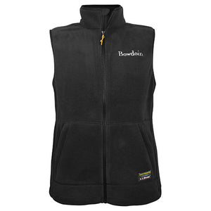 Black fleece zip up vest with white embroidered BOWDOIN on left chest and L.L.Bean logo patch on left pocket near hem.