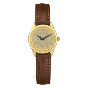 Gold wrist watch with brown leather strap. Face is engraved wth Bowdoin sun seal.