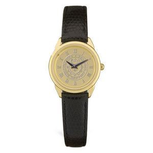 Gold wrist watch with black leather strap. Face is engraved wth Bowdoin sun seal.
