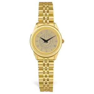 Gold tone rolled link wristwatch. Face is engraved with Bowdoin sun seal and Roman numerals.