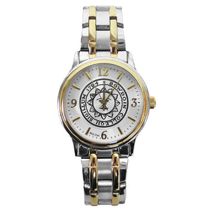 Silver tone rolled link watch with gold accents. Bowdoin sun seal on face, which has hour markers in gold, and Arabic numerals at 12, 3, 6, and 9.