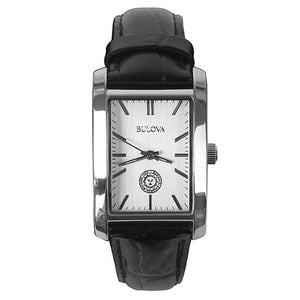 Rectangular silver tone wrist watch with black leather strap, small Bowdoin sun seal above the hour marker for 6 o'clock.