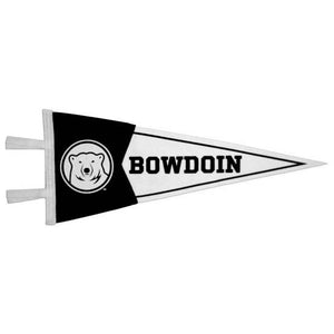 White pennant with black BOWDOIN lettering. At the wide end of the pennant is a black felt swallowtail patch with white mascot medallion.