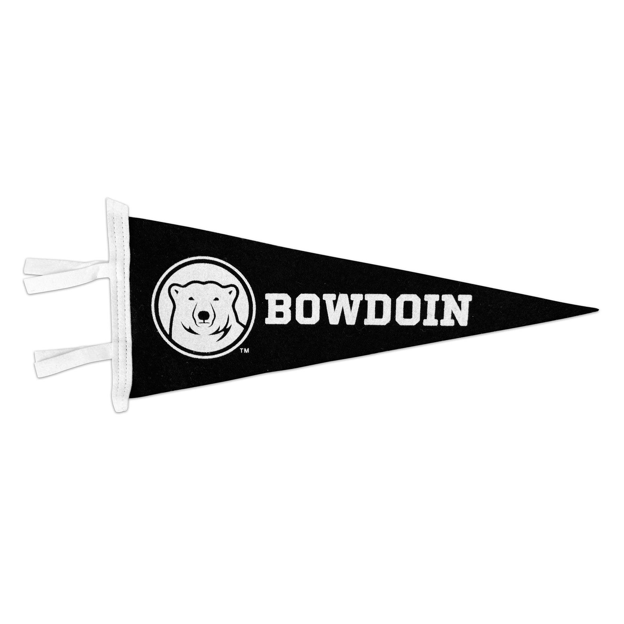 Black and white pennant with 'Bowdoin' and bear logo on a white background