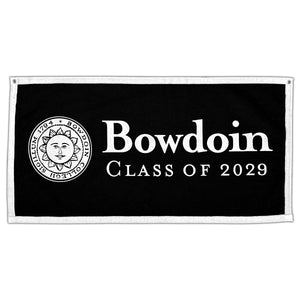 Black wool felt banner with white trim and white seal and BOWDOIN CLASS OF 2029 imprint.